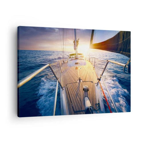 Obraz na plátně - Jachta na moři při západu slunce - 70x50cm - Běžící po vlnách - Moderní nástěnná dekorace do obývacího pokoje a ložnice ARTTOR