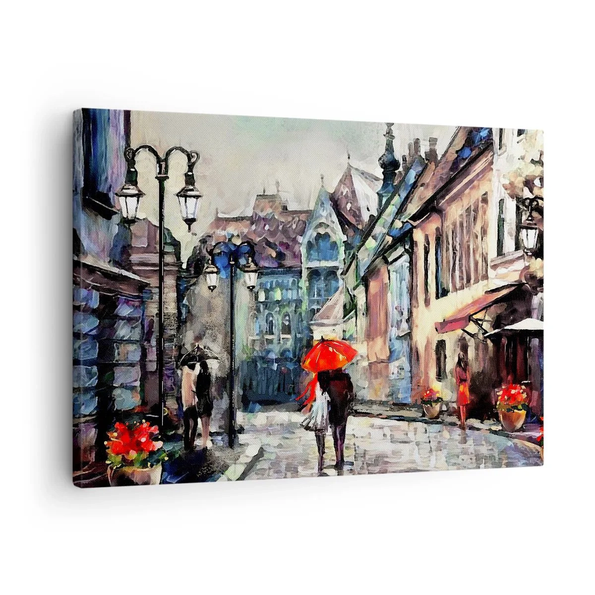 Obraz na plátně - Okouzlující městská ulice s párem pod červeným deštníkem - 70x50cm - Déšť pro dva - Moderní nástěnná dekorace do obývacího pokoje a ložnice ARTTOR