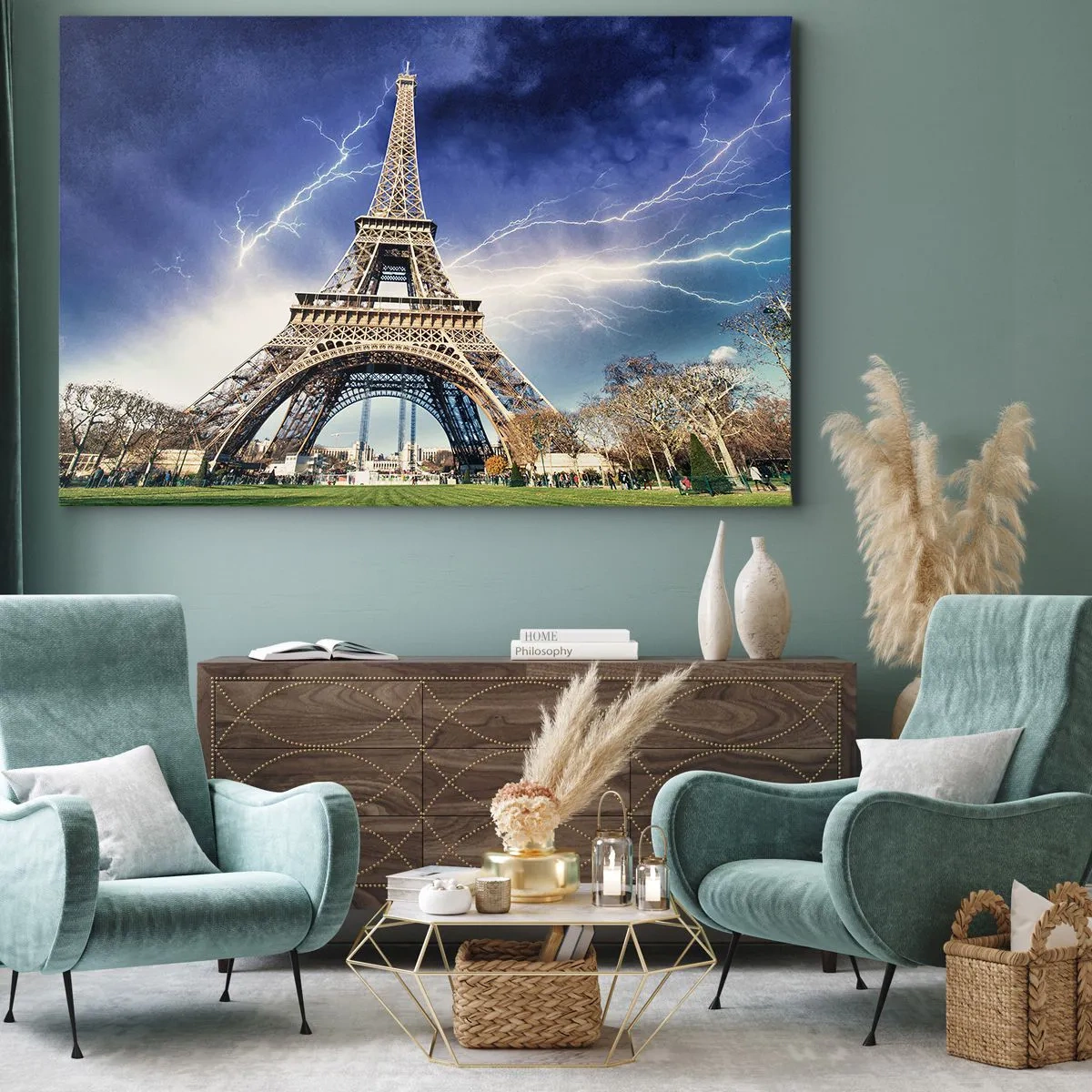Obraz na plátně - Eiffelova věž s bouřlivou oblohou a blesky v pozadí - 70x50cm - Vládkyně bouří - Moderní nástěnná dekorace do obývacího pokoje a ložnice ARTTOR