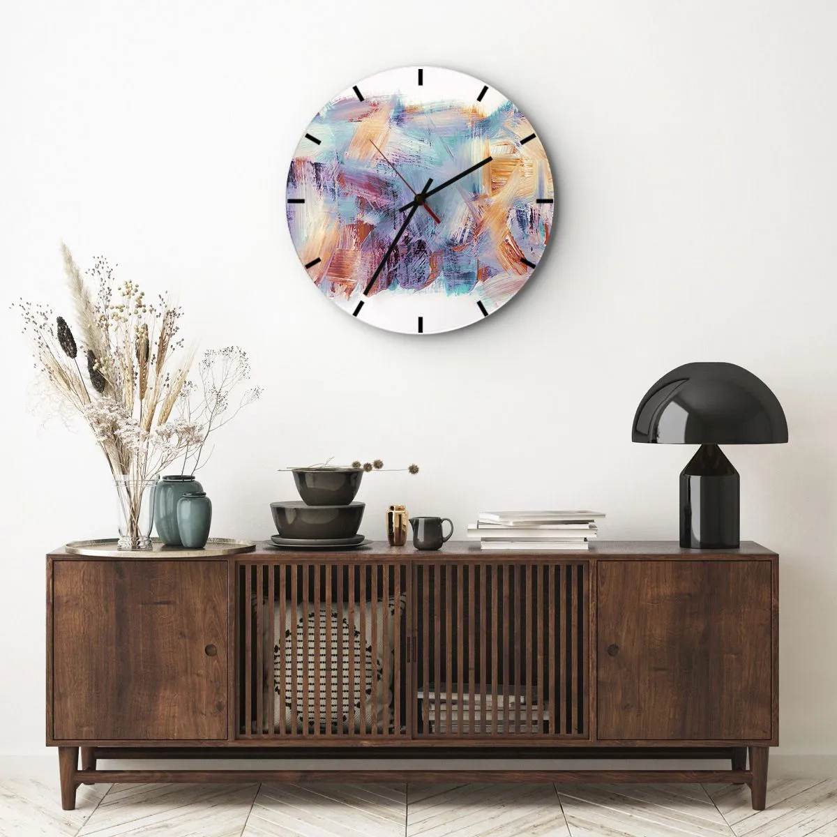 Nástěnné hodiny - Dynamické tahy štětcem v zářivých barvách - 30x30cm - Barevný nepořádek - Moderní nástěnná dekorace do obývacího pokoje, kuchyně a ložnice ARTTOR