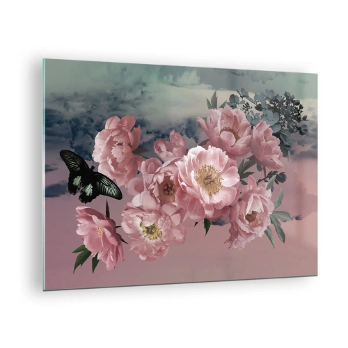 Obraz na skle - Růžové pivoňky s motýlem proti obloze - 70x50cm - Vrchol romantismu - Moderní nástěnná dekorace do obývacího pokoje a ložnice ARTTOR