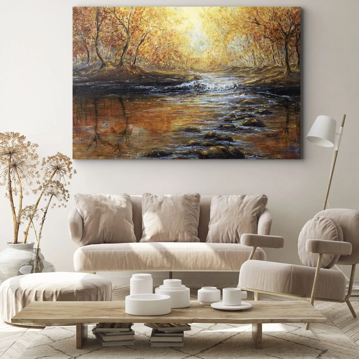 Obraz na plátně - Podzimní krajina s řekou mezi stromy - 70x50cm - Zlatý potok - Moderní nástěnná dekorace do obývacího pokoje a ložnice ARTTOR