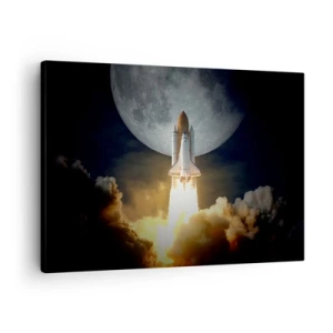 Obraz na plátně - Raketa startující na pozadí úplňku obklopeného dynamickými mraky. - 70x50cm - Začátek nadpřirozeného dobrodružství - Moderní nástěnná dekorace do obývacího pokoje a ložnice ARTTOR