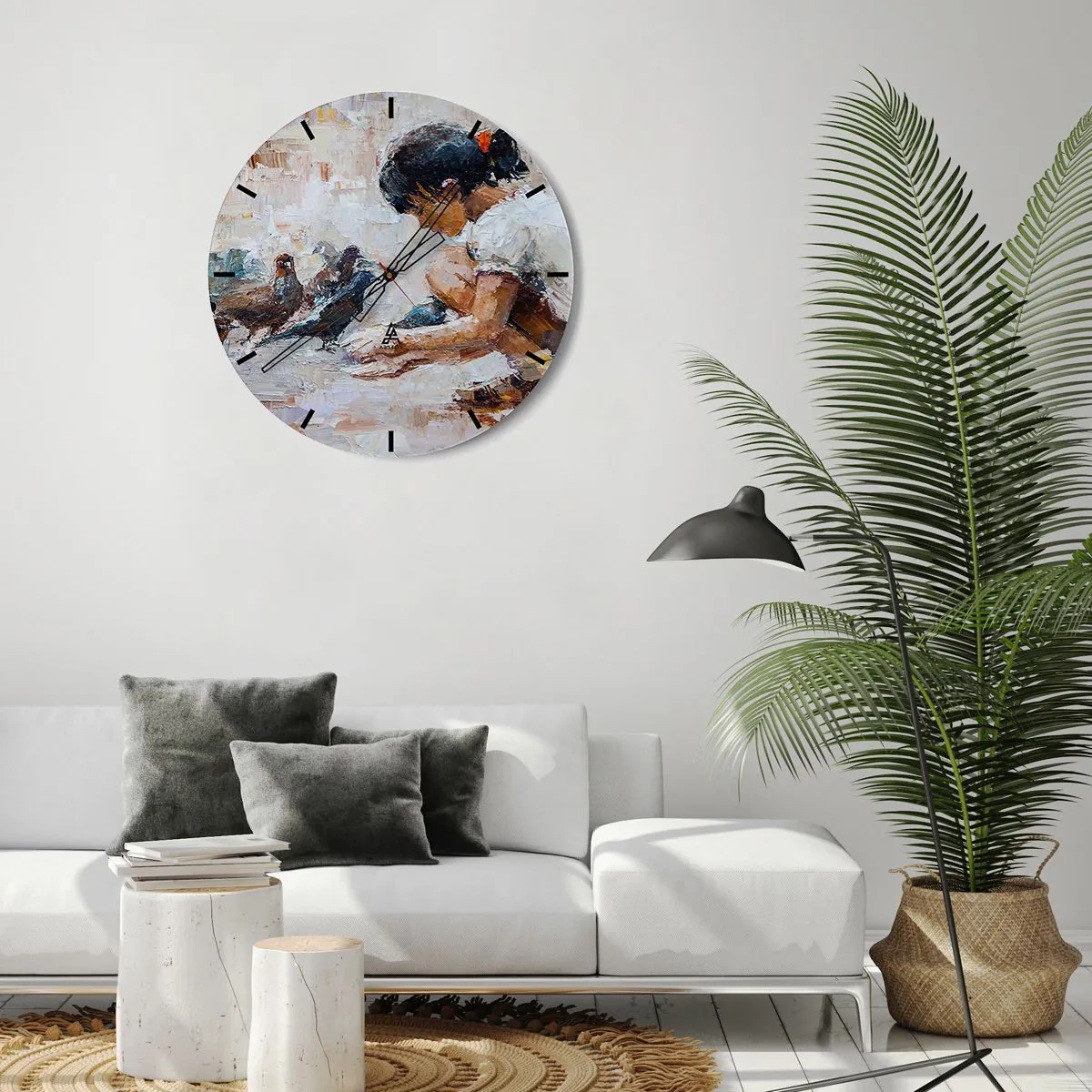Nástěnné hodiny - Dívka krmí holuby na malovaném pozadí - 30x30cm - Maličcí a nejmilejší - Moderní nástěnná dekorace do obývacího pokoje, kuchyně a ložnice ARTTOR