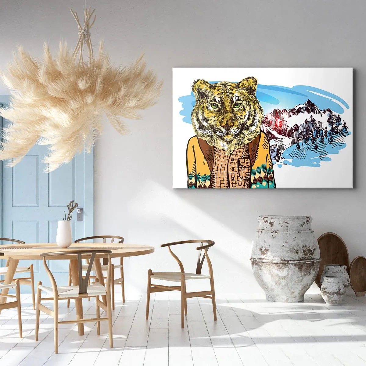 Obraz na plátně - Tygr v kabátě na pozadí horské krajiny - 70x50cm - Není tak divoký jak ho kreslí - Moderní nástěnná dekorace do obývacího pokoje a ložnice ARTTOR