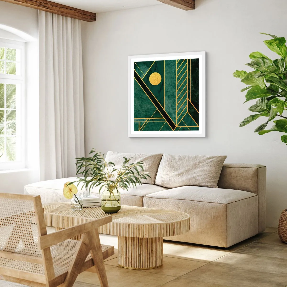 Plakát v bílém rámu - Dynamika zlata a lazuritu - 30x30 cm