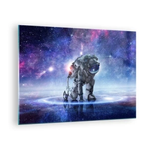 Obraz na skle - Astronaut ve vesmíru proti hvězdné obloze - 70x50cm - Hvězdné nebe nade mnou - Moderní nástěnná dekorace do obývacího pokoje a ložnice ARTTOR