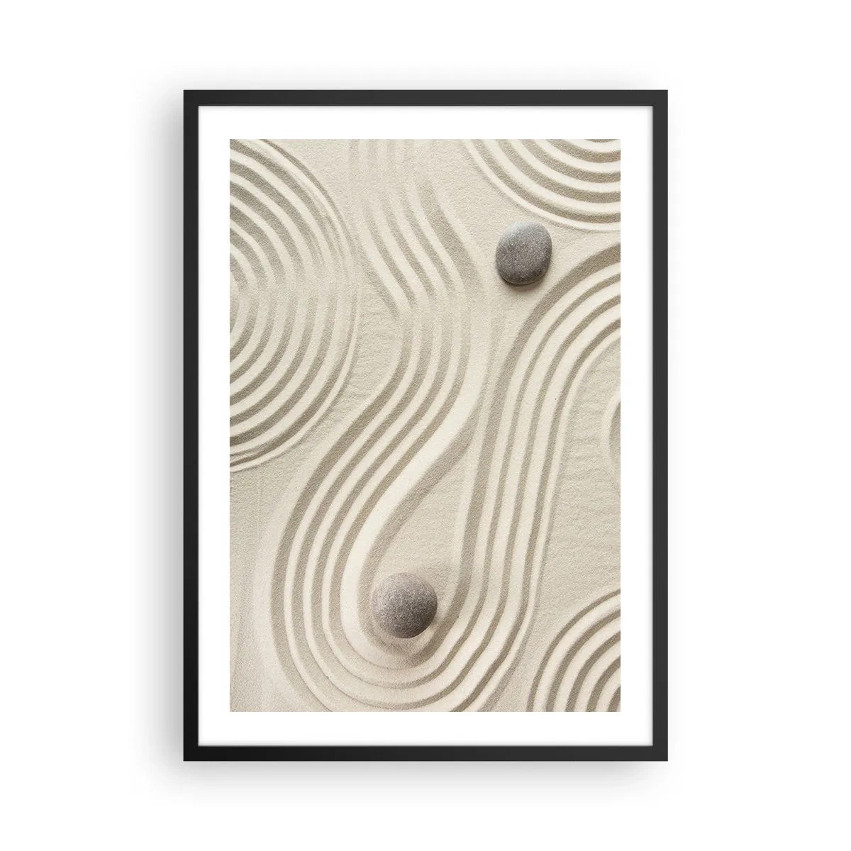 Plakát v černém rámu - Minimalistická kompozice japonské zenové zahrady s kameny - 50x70cm - Dotek tepla - Moderní nástěnná dekorace do obývacího pokoje a ložnice ARTTOR