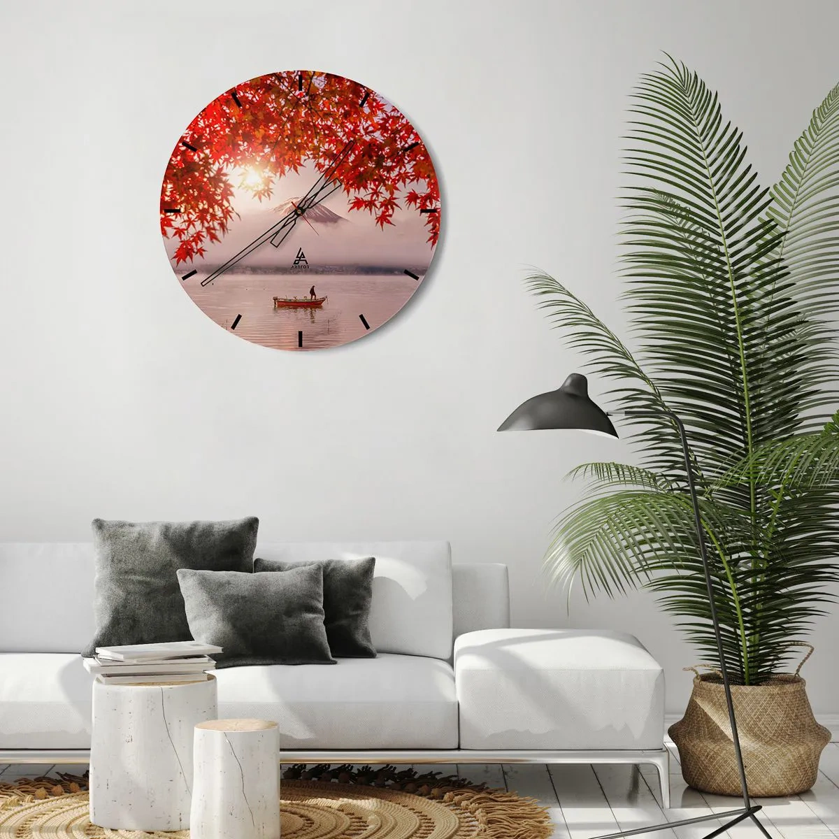Nástěnné hodiny - Podzimní listí s horou Fudži v pozadí a lodí na jezeře - 30x30cm - V japonském stylu - Moderní nástěnná dekorace do obývacího pokoje, kuchyně a ložnice ARTTOR