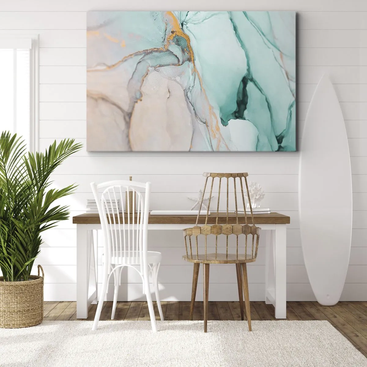 Obraz na plátně - Abstraktní kompozice v odstínech tyrkysové a zlaté. - 70x50cm - Tanec tvarů a barev - Moderní nástěnná dekorace do obývacího pokoje a ložnice ARTTOR