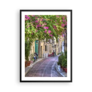Plakát v černém rámu - Barevná ulice s rozkvetlými květinami a klasickou architekturou - 50x70cm - Kvetoucí zákoutí - Moderní nástěnná dekorace do obývacího pokoje a ložnice ARTTOR