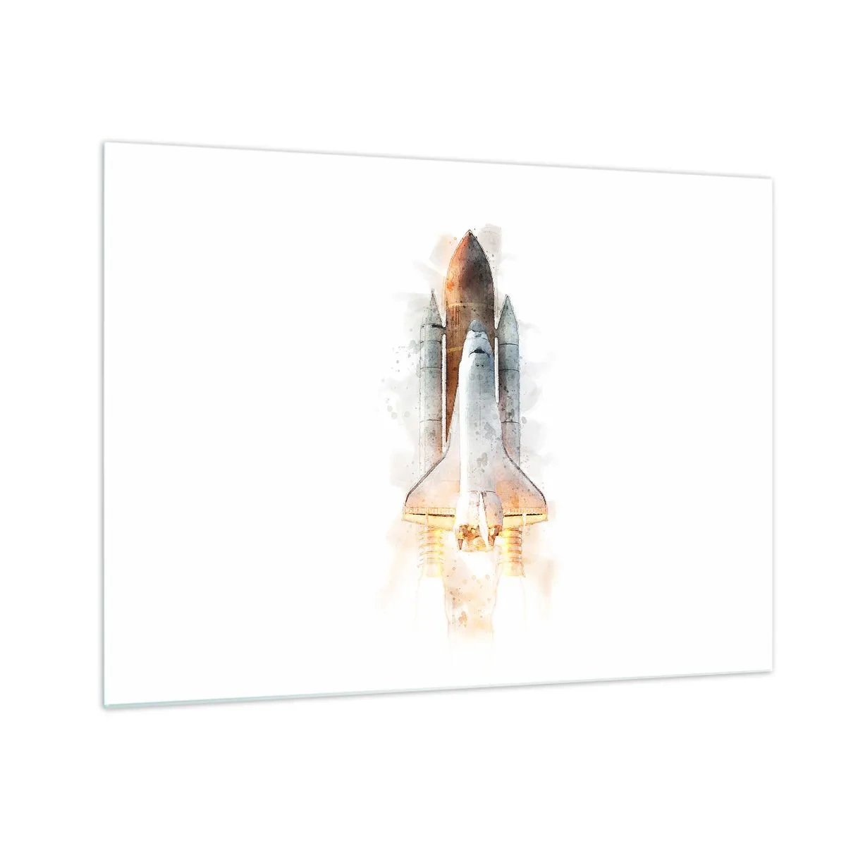 Obraz na skle - Raketoplán vzlétá ve stylu akvarelu na bílém pozadí. - 70x50cm - Průzkumníci do toho - Moderní nástěnná dekorace do obývacího pokoje a ložnice ARTTOR