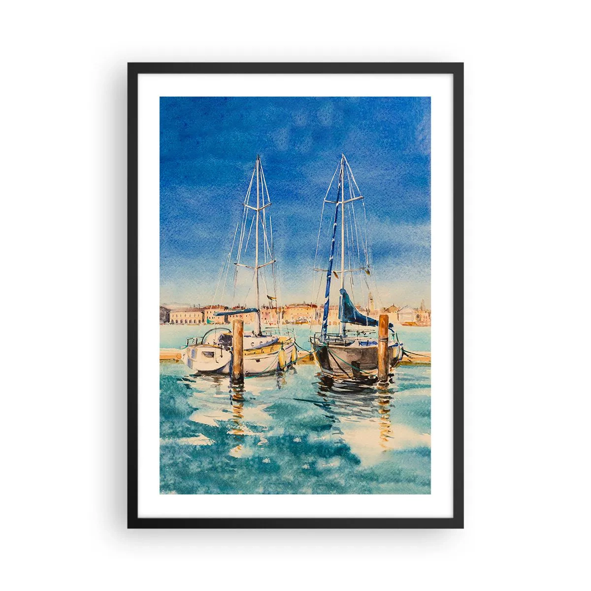 Plakát v černém rámu - Akvarelová ilustrace plachetnic proti modré laguně za slunečného dne. - 50x70cm - Slunečná laguna - Moderní nástěnná dekorace do obývacího pokoje a ložnice ARTTOR