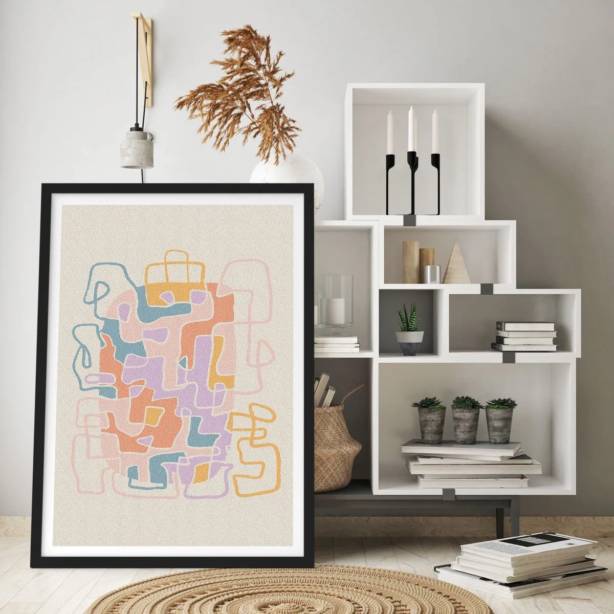 Plakát v černém rámu - Barevná abstrakce s nepravidelnými liniemi na světlém pozadí - 50x70cm - Labyrint – veselé dobrodružství - Moderní nástěnná dekorace do obývacího pokoje a ložnice ARTTOR