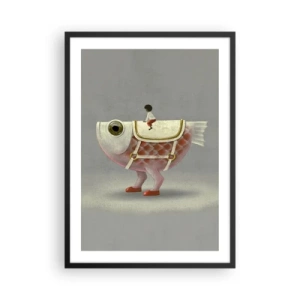 Plakát v černém rámu - Fantastická ryba se sedlem a postavou na šedém pozadí - 50x70cm - Rybí jezdec - Moderní nástěnná dekorace do obývacího pokoje a ložnice ARTTOR