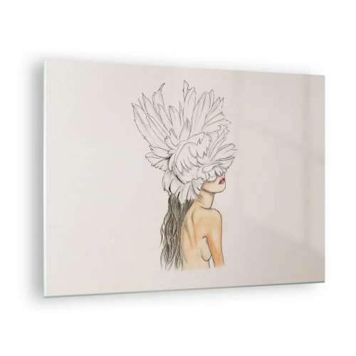Obraz na skle - Kresba ženy s dlouhými vlasy a korunou z velkých peří - 70x50cm - Vrchol krásy - Moderní nástěnná dekorace do obývacího pokoje a ložnice ARTTOR