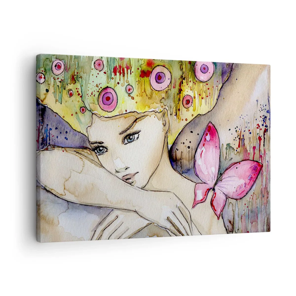 Obraz na plátně - Žena s abstraktním účesem a růžovým motýlem - 70x50cm - Motýlí princezna - Moderní nástěnná dekorace do obývacího pokoje a ložnice ARTTOR