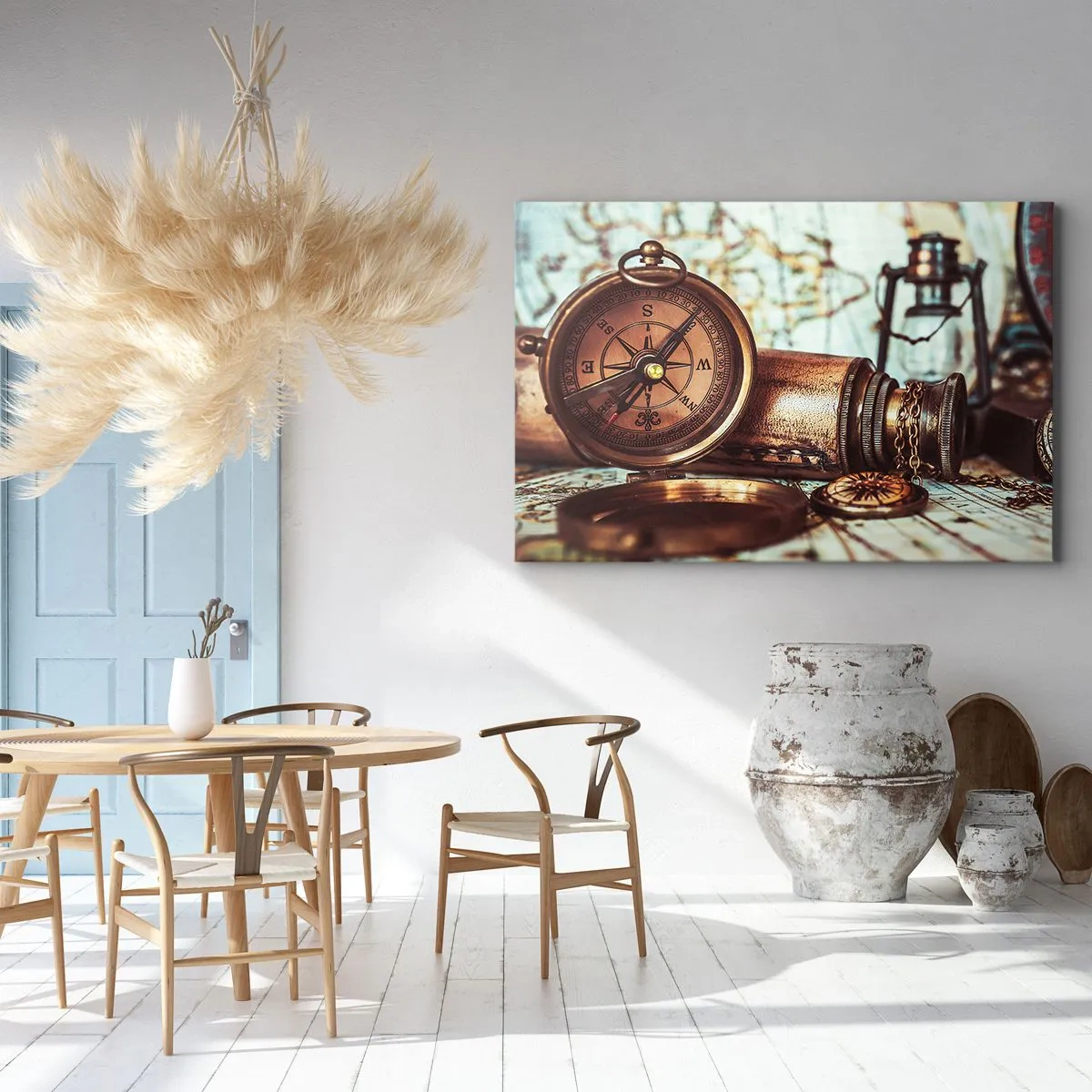 Obraz na plátně - Retro sada s kompasem, dalekohledem a mapou v cestovním stylu - 70x50cm - Pirátské dobrodružství v Karibiku čeká - Moderní nástěnná dekorace do obývacího pokoje a ložnice ARTTOR