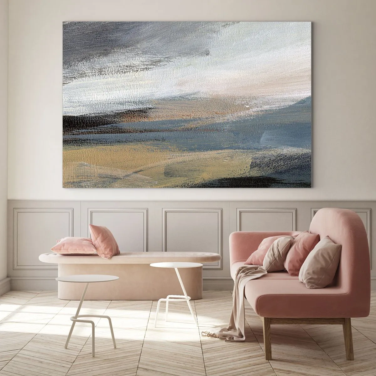 Obraz na skle - Abstraktní krajina v chladných a zemitých barvách. - 70x50cm - Abstrakce: severní krajina - Moderní nástěnná dekorace do obývacího pokoje a ložnice ARTTOR