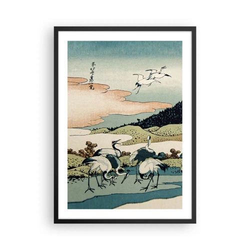 Plakát v černém rámu - Tradiční japonské umělecké dílo s jeřáby v přírodní krajině - 50x70cm - V japonském duchu - Moderní nástěnná dekorace do obývacího pokoje a ložnice ARTTOR