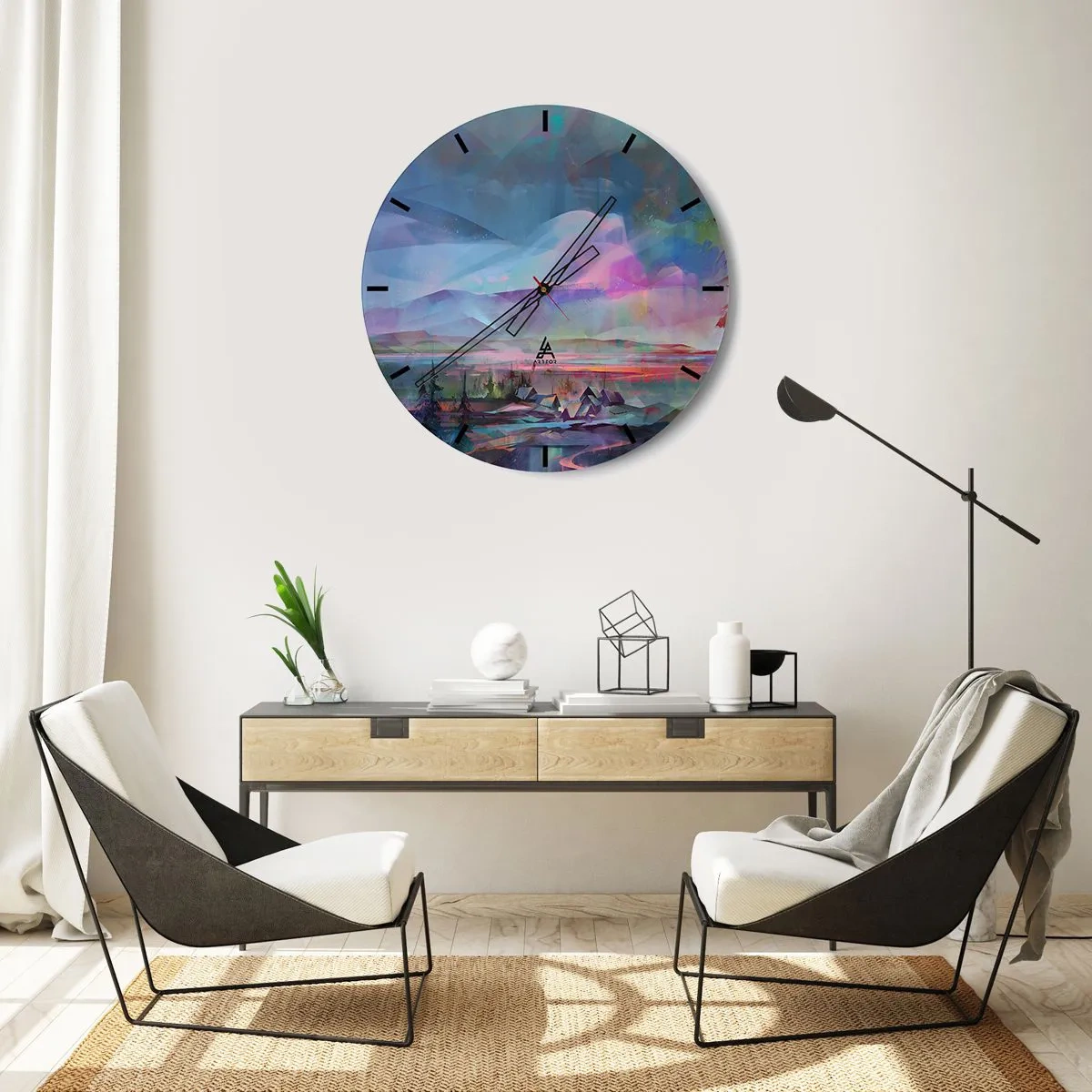 Nástěnné hodiny - Barevné panorama hor a vesnice v abstraktním stylu - 30x30cm - Pod přátelským nebem - Moderní nástěnná dekorace do obývacího pokoje, kuchyně a ložnice ARTTOR