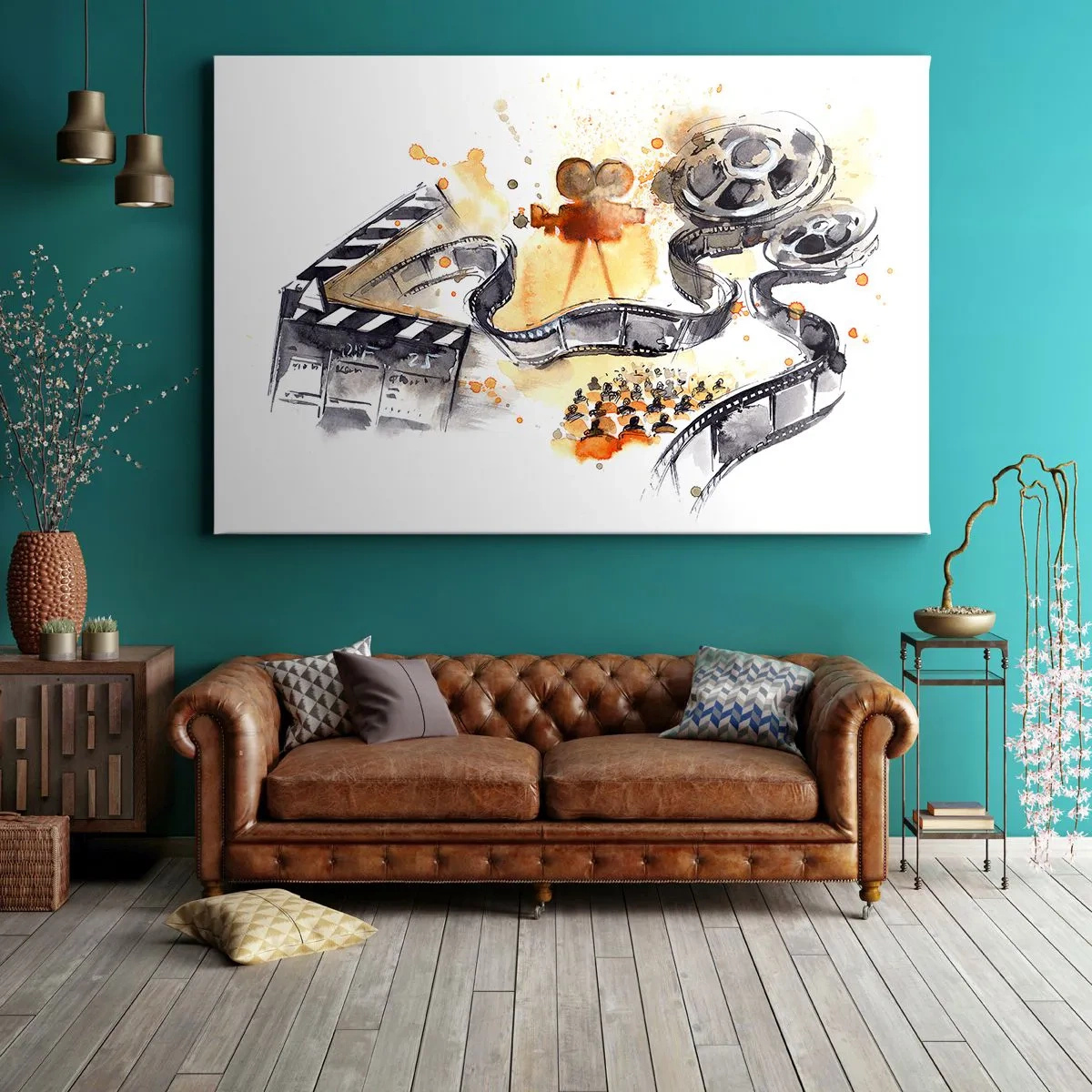 Obraz na plátně - Symbolika kina s filmovým pásem v uměleckém akvarelu - 70x50cm - V krajině snů - Moderní nástěnná dekorace do obývacího pokoje a ložnice ARTTOR