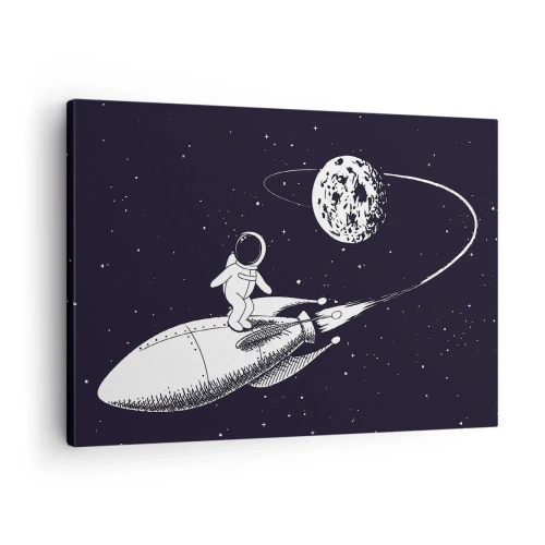 Obraz na plátně - Astronaut na raketě ve vesmíru - 70x50cm - Vesmírný surfing - Moderní nástěnná dekorace do obývacího pokoje a ložnice ARTTOR