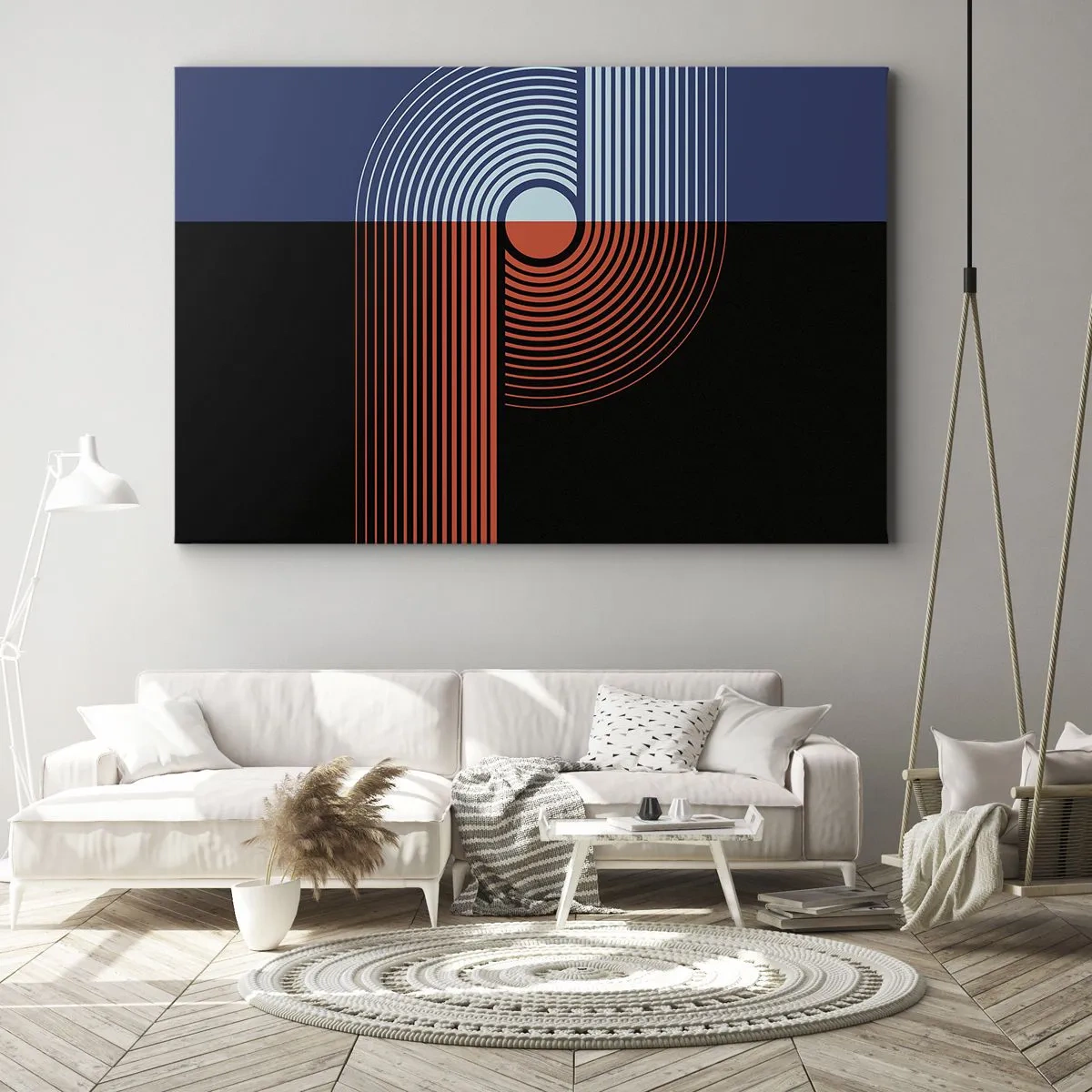 Obraz na plátně - Geometrická abstrakce s linkami v tmavě modré a oranžové barvě. - 70x50cm - V geometrickém objetí - Moderní nástěnná dekorace do obývacího pokoje a ložnice ARTTOR