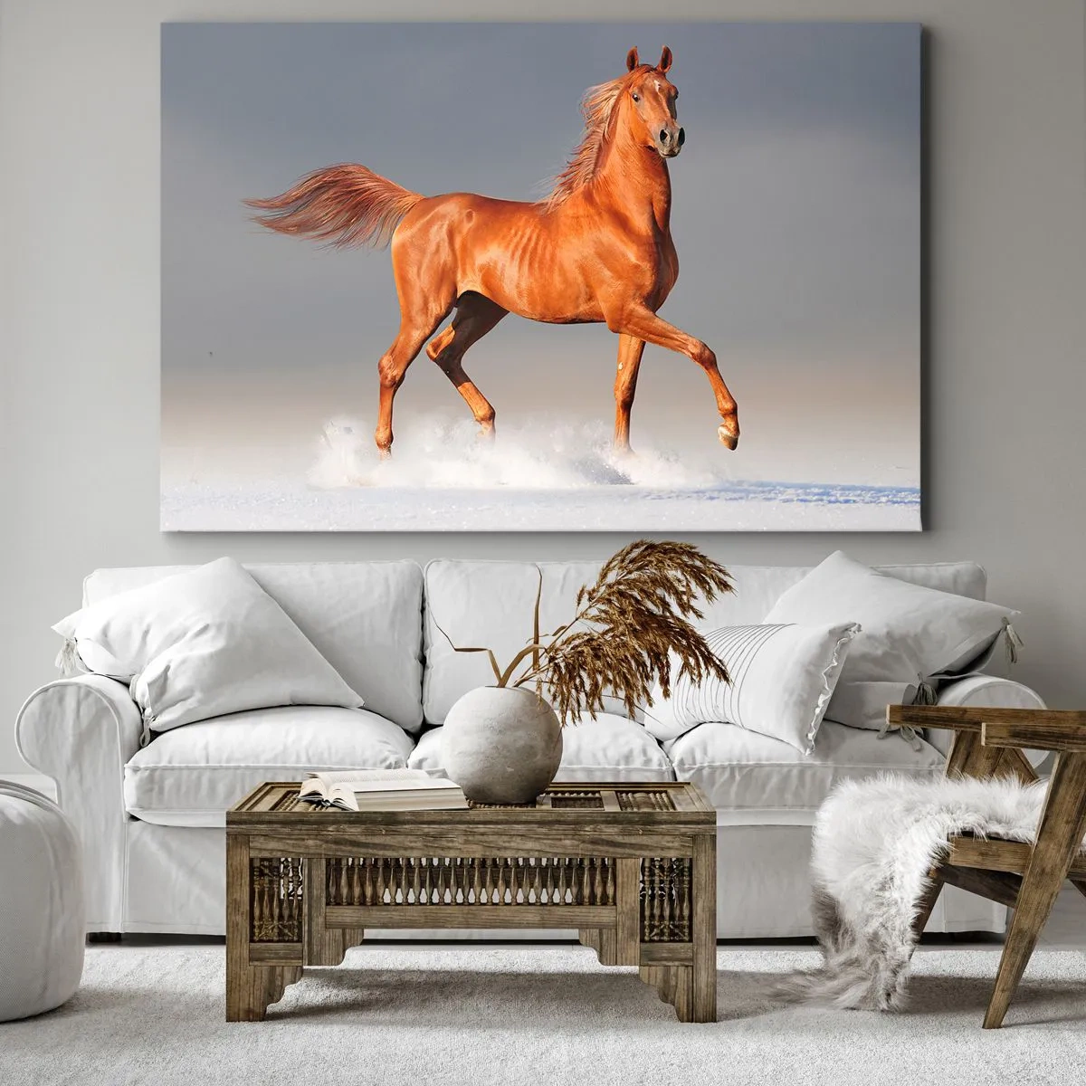 Obraz na plátně - Cválající kůň proti modré obloze - 70x50cm - Tančící elegance - Moderní nástěnná dekorace do obývacího pokoje a ložnice ARTTOR