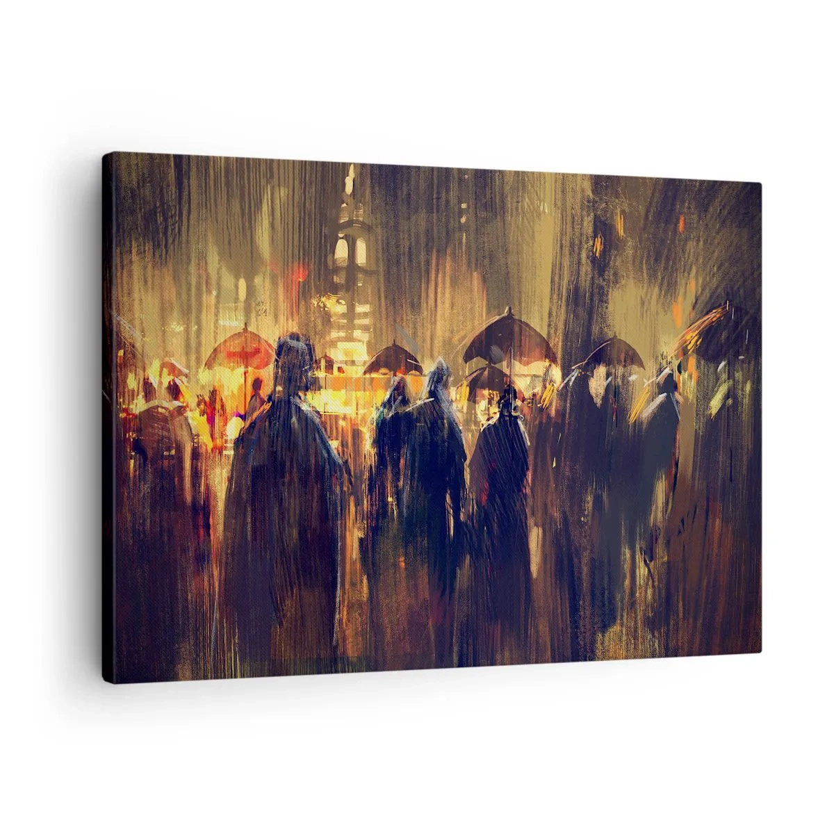Obraz na plátně - Postavy s deštníky v deštivém městě v noci - 70x50cm - Následovníci deště - Moderní nástěnná dekorace do obývacího pokoje a ložnice ARTTOR