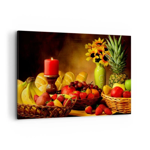 Obraz na plátně - Zátiší s pečivem a ovocem - 100x70 cm