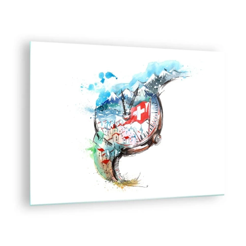 Obraz na skle - Akvarel švýcarské krajiny s vlajkou a hodinkami - 70x50cm - Duch Švýcarska - Moderní nástěnná dekorace do obývacího pokoje a ložnice ARTTOR