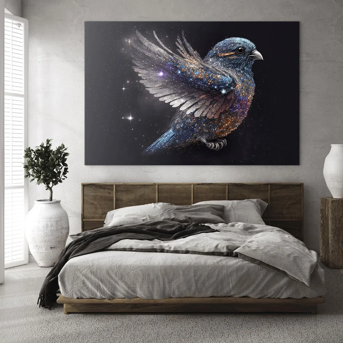 Obraz na skle - Vesmírný vrabec s diamantovým třpytem - 70x50cm - Diamantový vrabec - Moderní nástěnná dekorace do obývacího pokoje a ložnice ARTTOR