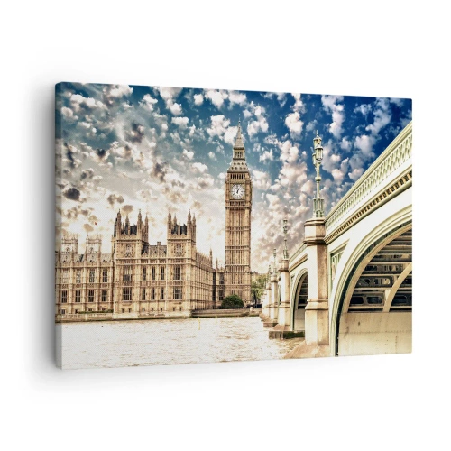 Obraz na plátně - Big Ben a Westminsterský most osvětlené sluncem v Londýně - 70x50cm - Peřové oblaky nad Temží - Moderní nástěnná dekorace do obývacího pokoje a ložnice ARTTOR
