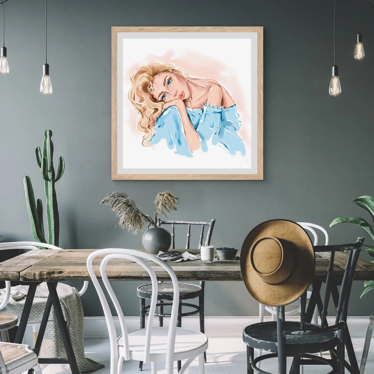 Plakát v rámu světlý dub - Zasněná v modré - 60x60 cm