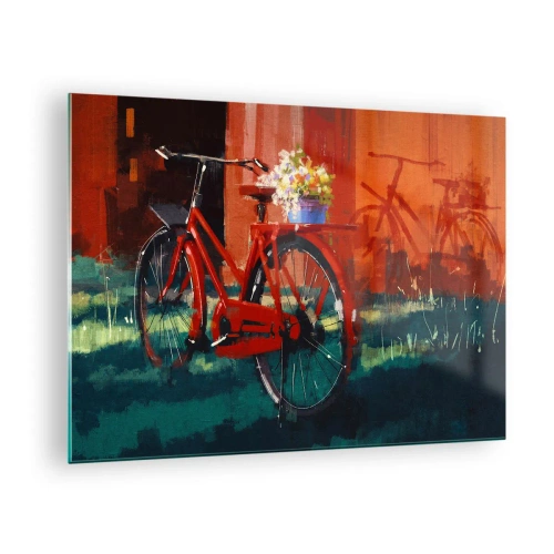 Obraz na skle - Červené kolo s květinami před červenou budovou - 70x50cm - I want to ride my bicycle - Moderní nástěnná dekorace do obývacího pokoje a ložnice ARTTOR