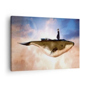 Obraz na plátně - Fantastická scéna ženy na velrybě mezi mraky - 70x50cm - Surrealistická cesta - Moderní nástěnná dekorace do obývacího pokoje a ložnice ARTTOR