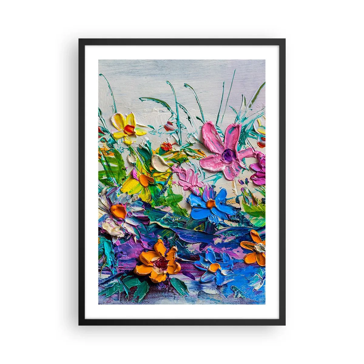 Plakát v černém rámu - Květinová kompozice malovaná hustou texturou a živými barvami - 50x70cm - Vůbec ne zátiší - Moderní nástěnná dekorace do obývacího pokoje a ložnice ARTTOR