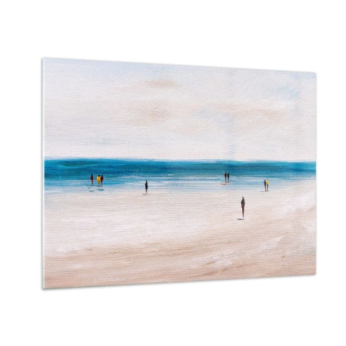 Obraz na skle - Klidná pláž se siluetami lidí jdoucích podél mořské linie - 70x50cm - Přirozená potřeba - Moderní nástěnná dekorace do obývacího pokoje a ložnice ARTTOR