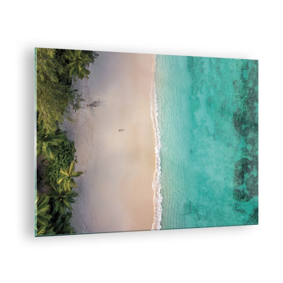 Obraz na skle - Letecký pohled na tropickou pláž a tyrkysové moře - 70x50cm - Rajská pláž - Moderní nástěnná dekorace do obývacího pokoje a ložnice ARTTOR