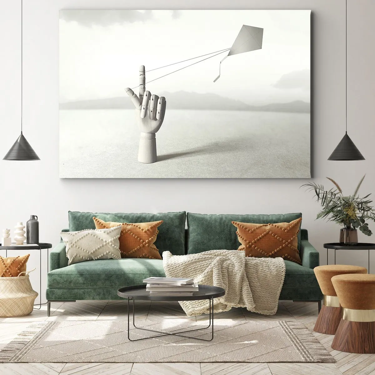 Obraz na plátně - Minimalistická dřevěná ruka s drakem na pozadí krajiny. - 70x50cm - Výzva - Moderní nástěnná dekorace do obývacího pokoje a ložnice ARTTOR