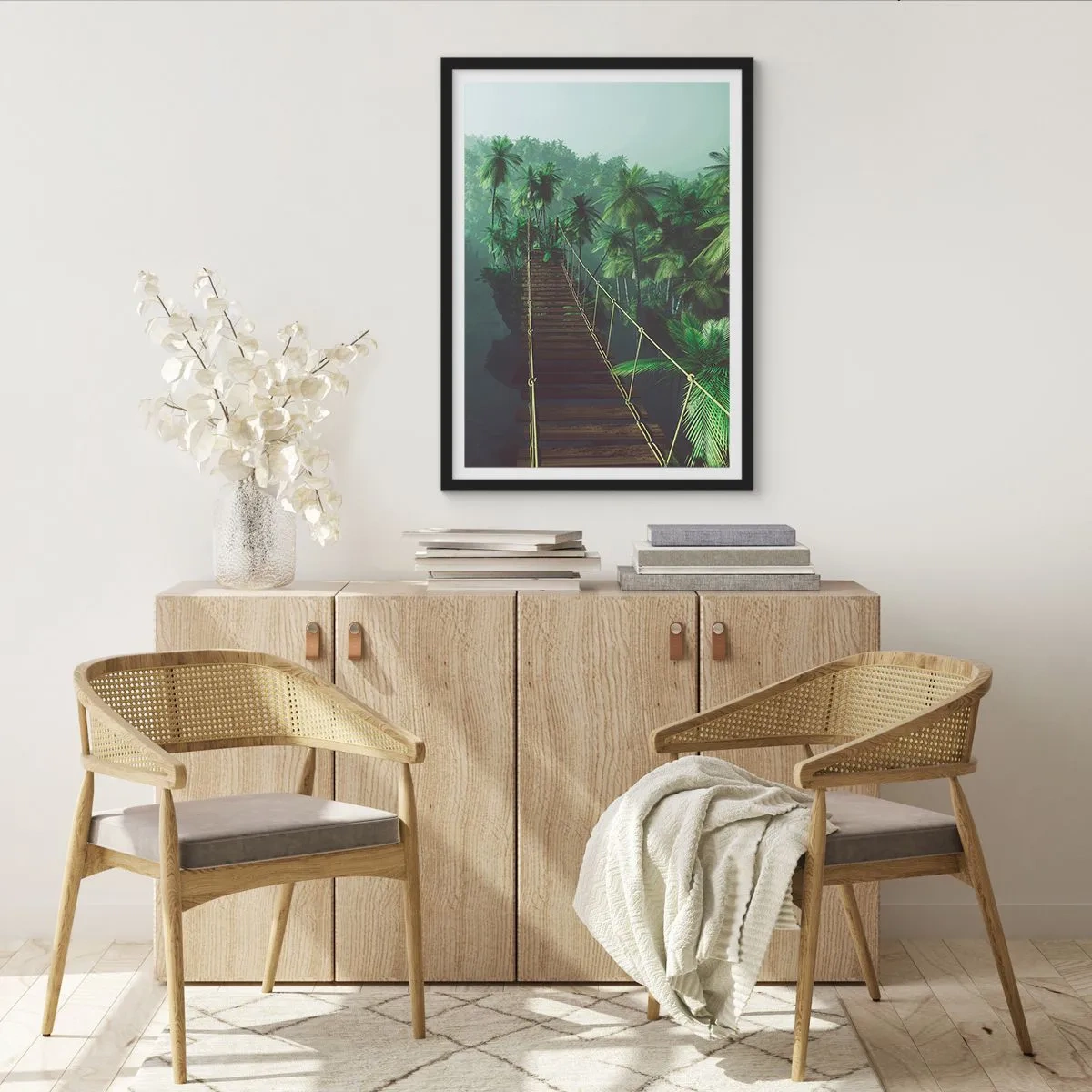 Plakát v černém rámu - Visutý most v tropickém lese plném palem - 50x70cm - U vodopádu zeleně - Moderní nástěnná dekorace do obývacího pokoje a ložnice ARTTOR