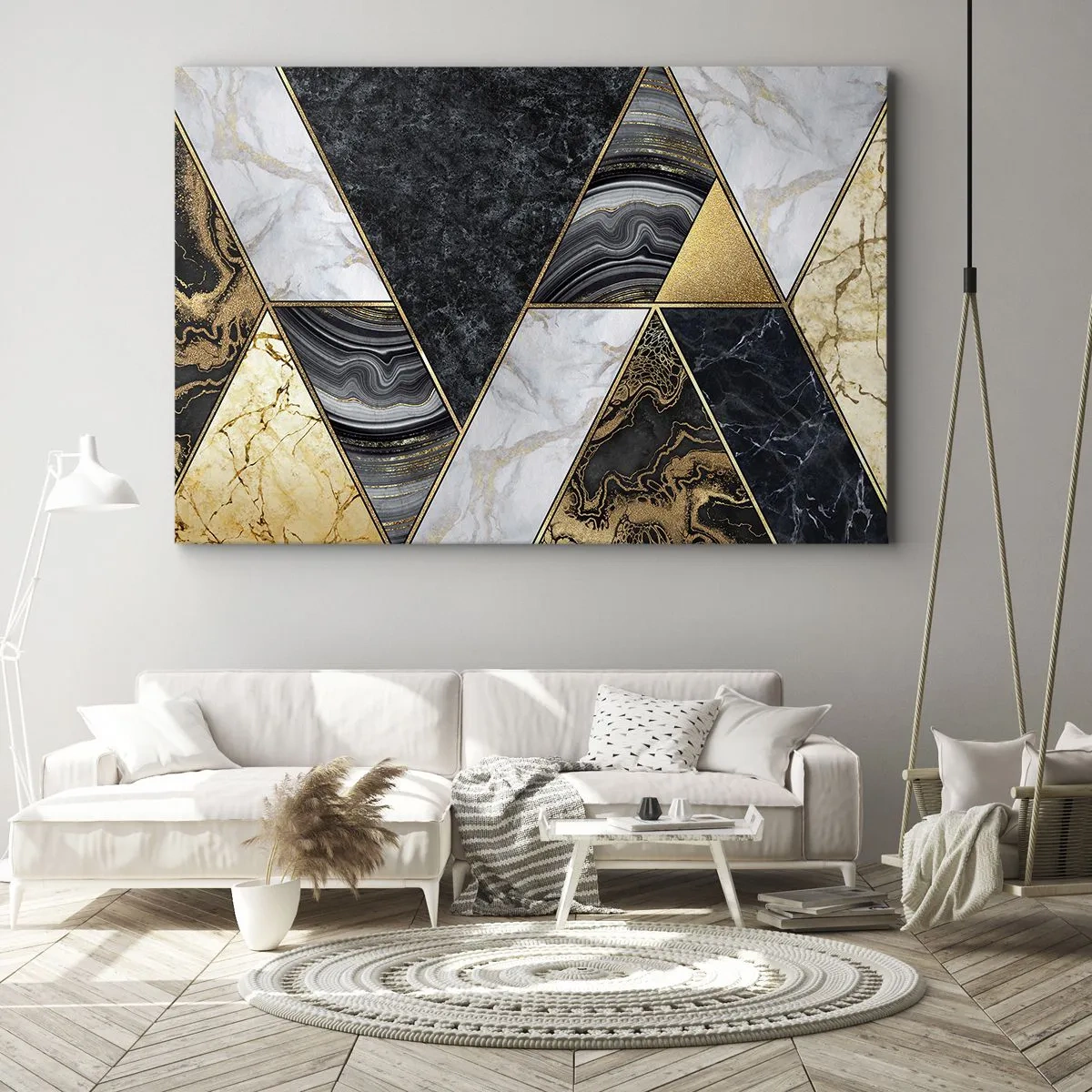 Obraz na plátně - Geometrické trojúhelníky ve zlatých, mramorových a tmavých odstínech - 70x50cm - Kámen vedle kamene - Moderní nástěnná dekorace do obývacího pokoje a ložnice ARTTOR