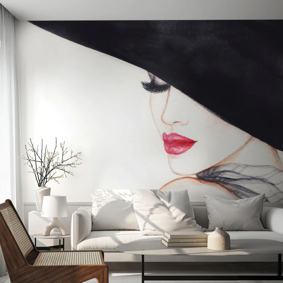 Fototapeta Premium Canvas - Elegance a smyslnost - Žena, červené rty, Černý klobouk - 250x175 cm