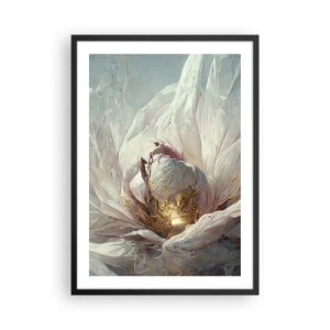 Plakát v černém rámu - Decentní abstrakce s květinovým motivem v jemných odstínech bílé a zlaté. - 50x70cm - Rozkvétá jednou za sto let - Moderní nástěnná dekorace do obývacího pokoje a ložnice ARTTOR