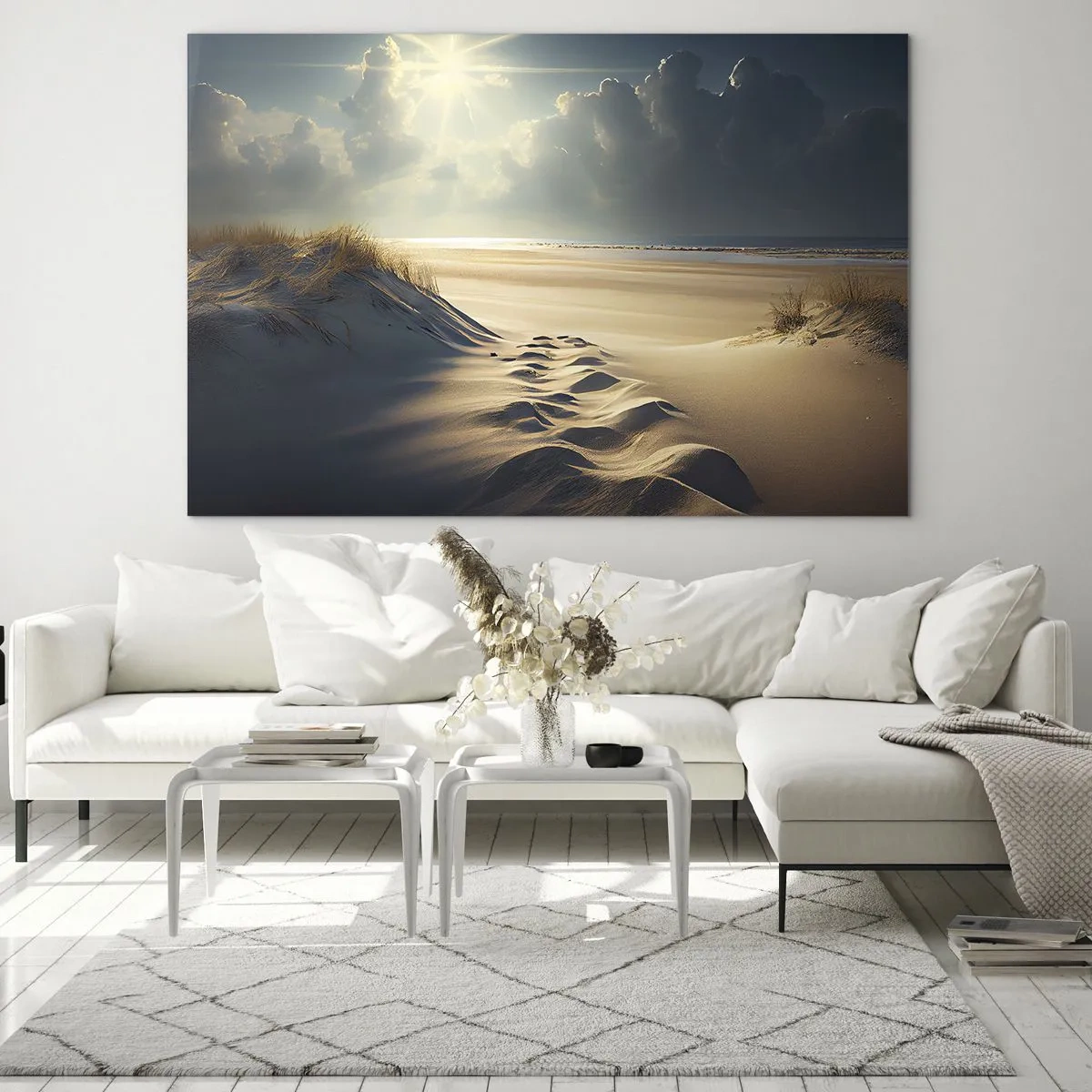 Obraz na skle - Zlaté duny ozářené slunečními paprsky - 70x50cm - Uklidňující krajina - Moderní nástěnná dekorace do obývacího pokoje a ložnice ARTTOR