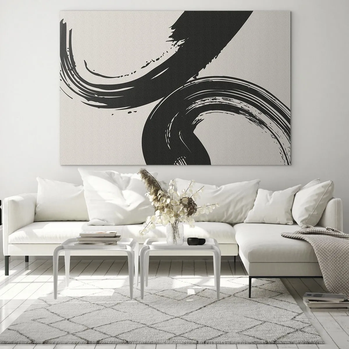 Obraz na skle - Černé, dynamické kaligrafické tahy štětcem na světlém pozadí. - 70x50cm - Rozmáchle a dokola - Moderní nástěnná dekorace do obývacího pokoje a ložnice ARTTOR