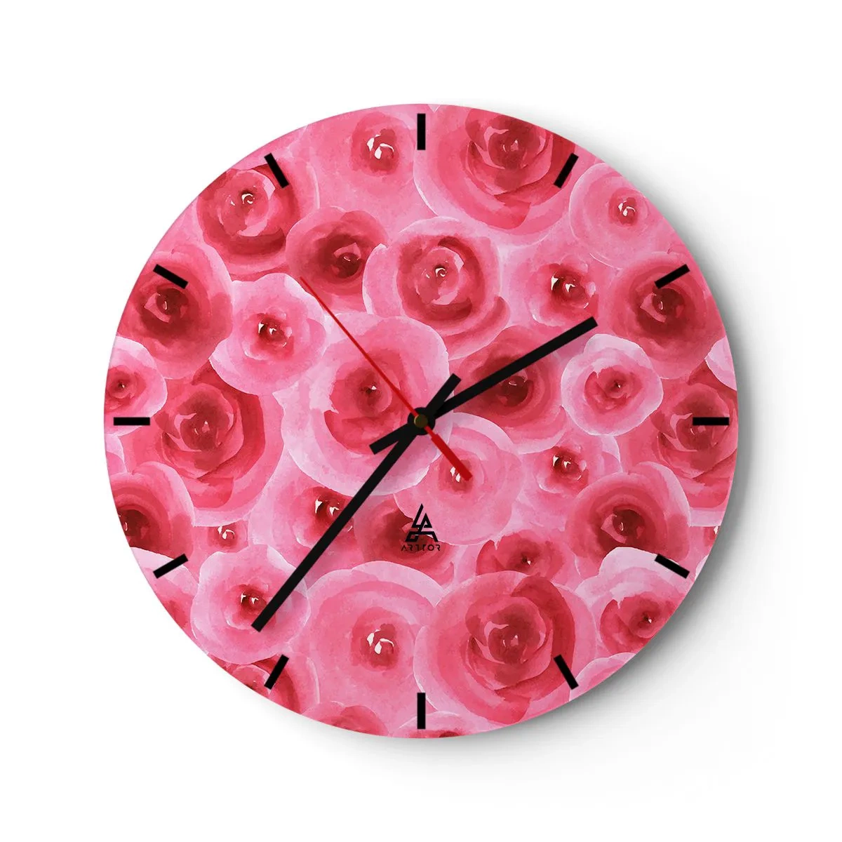 Nástěnné hodiny - Akvarel červené růže na světlém pozadí - 30x30cm - Růže dole i nahoře - Moderní nástěnná dekorace do obývacího pokoje, kuchyně a ložnice ARTTOR
