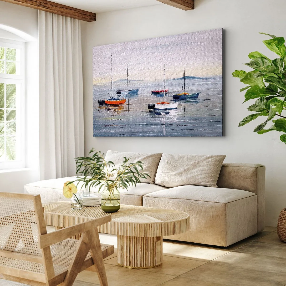 Obraz na plátně - Barevné lodě na klidné vodě - 70x50cm - Zasloužený odpočinek - Moderní nástěnná dekorace do obývacího pokoje a ložnice ARTTOR