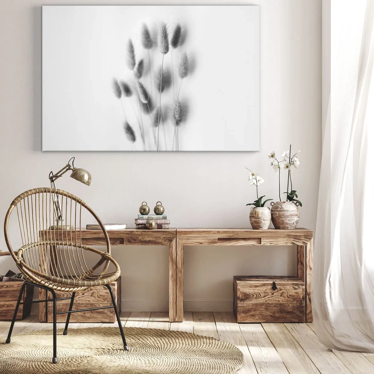 Obraz na plátně - Jemné trávy v odstínech šedé na bílém pozadí - 70x50cm - Její načechranost tráva - Moderní nástěnná dekorace do obývacího pokoje a ložnice ARTTOR